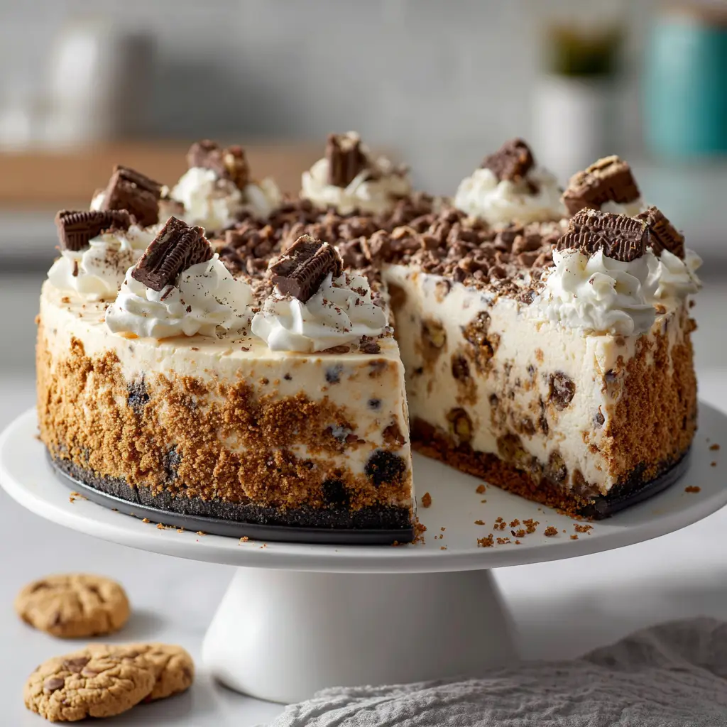 Cookie Dough Cheesecake: The Ultimate Indulgent Dessert 1 An overhead view of the finished cookie dough cheesecake, highlighting the creamy filling and scattered cookie dough pieces.