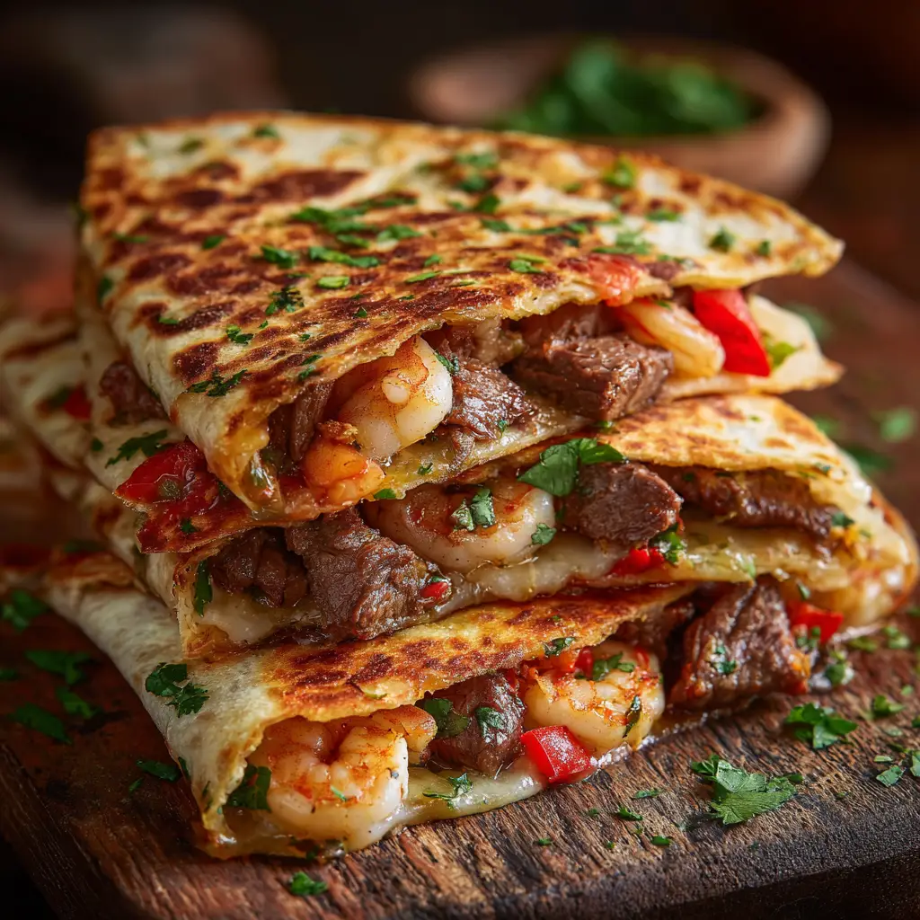 A close-up shot of a Creole Steak and Shrimp Quesadilla being cooked in a skillet until golden brown and crispy.