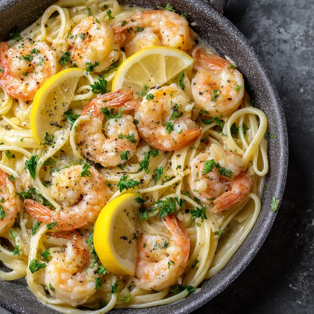 A pan of garlic butter shrimp being sautéed with fresh parsley for the pasta recipe. The shrimp are pink and perfectly cooked.