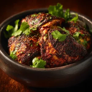 A macro shot of succulent Moroccan spiced chicken pieces in a pan, showcasing the rich texture and aromatic spice coating.