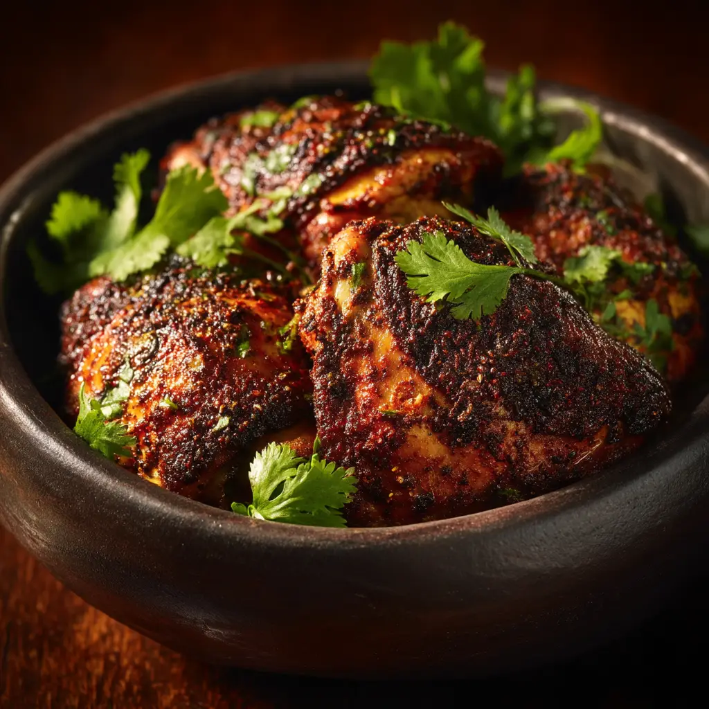 A macro shot of succulent Moroccan spiced chicken pieces in a pan, showcasing the rich texture and aromatic spice coating.