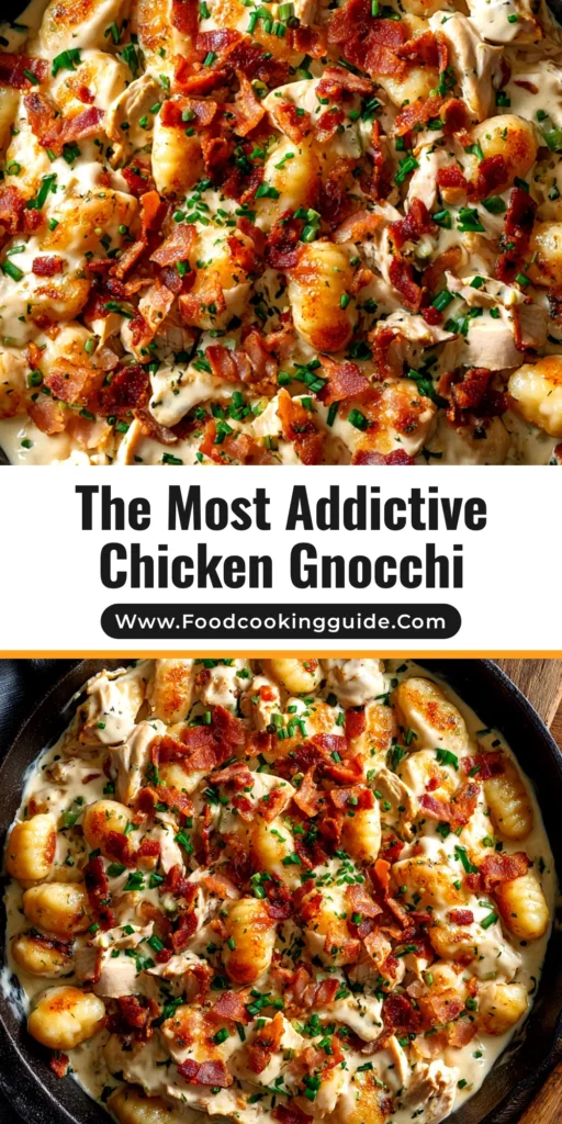 An overhead shot of a skillet of creamy Crack Chicken Gnocchi, garnished with crispy bacon and fresh green onions. A serving spoon is resting in the dish.