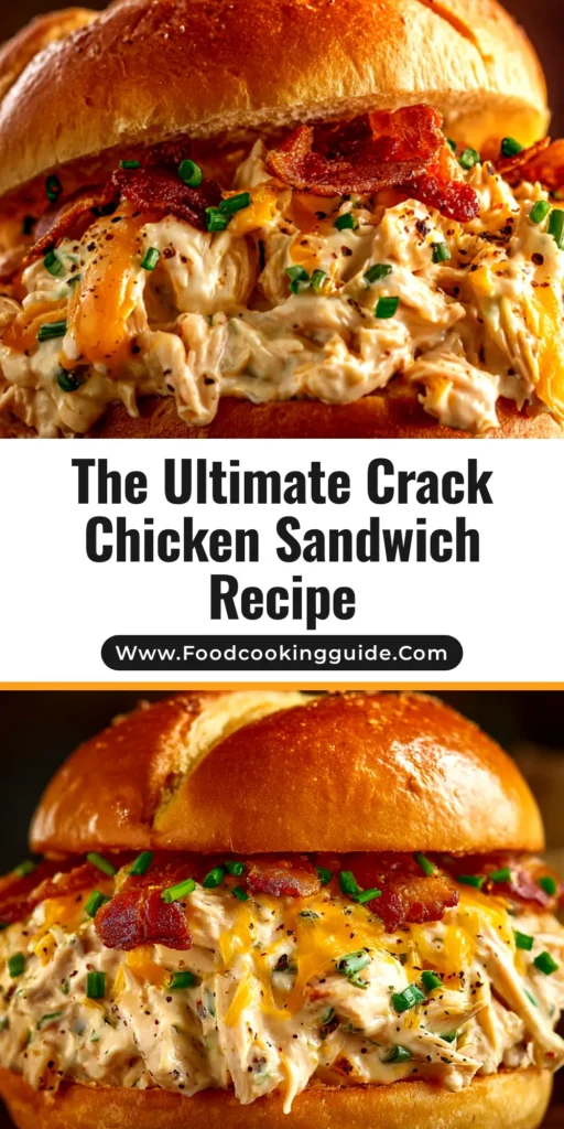 A delicious crack chicken sandwich on a brioche bun, overflowing with creamy shredded chicken, melted cheddar cheese, and bacon bits. The ultimate comfort food recipe.