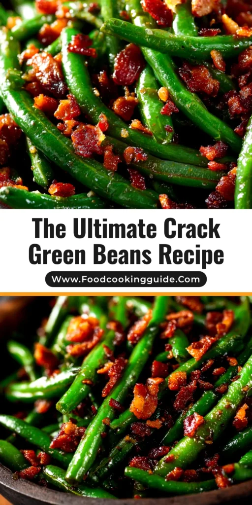 A top-down view of a white baking dish filled with addictive Crack Green Beans, featuring crispy bacon and a caramelized glaze.