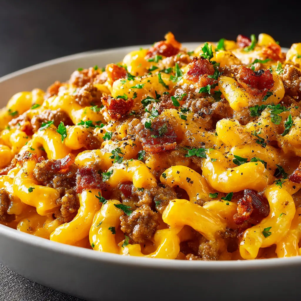 Bacon Cheeseburger Pasta (The Ultimate One-Pot Recipe) 2 A close-up shot of the creamy bacon cheeseburger pasta, showing the rich texture of the cheese sauce and ground beef.