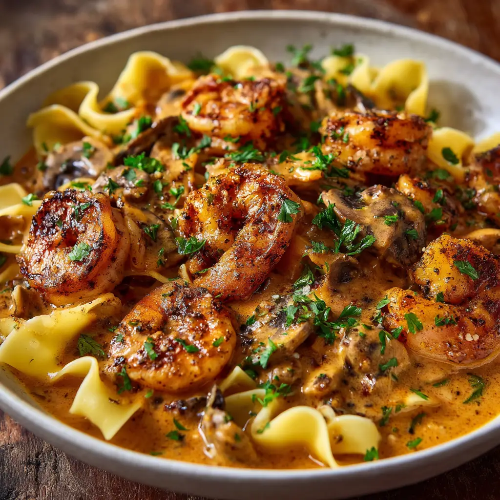 A close-up shot of the creamy blackened shrimp pasta, showing the texture of the sour cream sauce and the blackened seasoning on the shrimp.