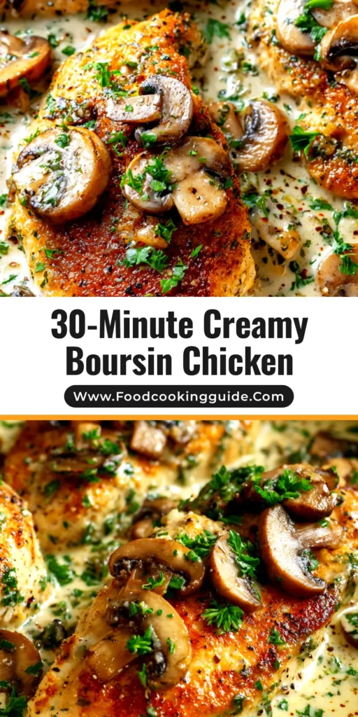 Creamy Boursin chicken in a skillet with spinach. The perfect easy weeknight dinner recipe! | foodcookingguide.com