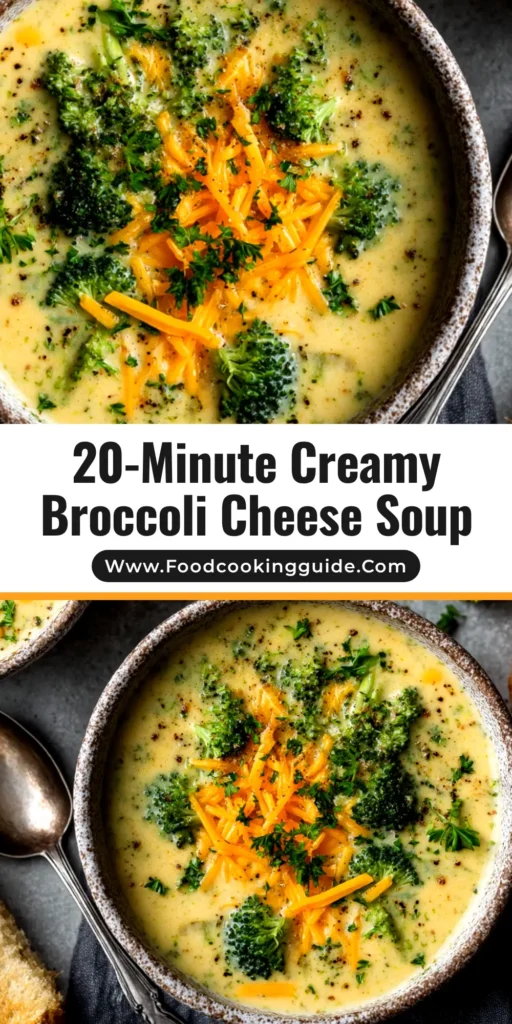 A large white bowl filled with creamy broccoli cheese soup, garnished with shredded cheddar cheese and broccoli florets. The perfect pin to save for an easy and delicious dinner recipe.