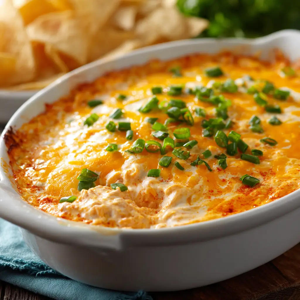 A close-up shot of the hot and bubbly baked Buffalo chicken dip in a white serving bowl, showing its creamy texture.