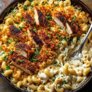 An extreme close-up shot of spicy chicken mac and cheese, showing the texture of the velvety cheese sauce clinging to a piece of cavatappi pasta and a chunk of seasoned chicken.