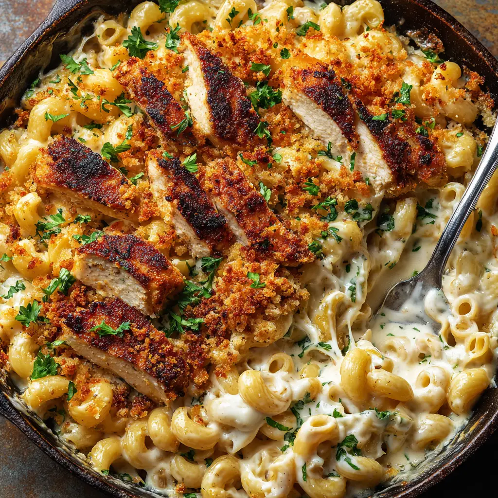 An extreme close-up shot of spicy chicken mac and cheese, showing the texture of the velvety cheese sauce clinging to a piece of cavatappi pasta and a chunk of seasoned chicken.