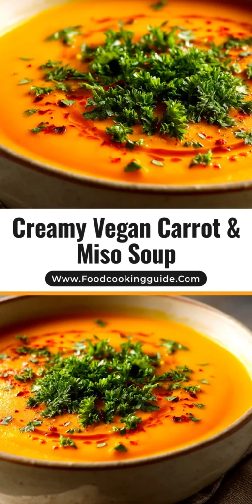 A beautiful overhead shot of a bowl of creamy Carrot & Miso Soup, garnished with sesame seeds and fresh herbs, with a spoon resting beside it.