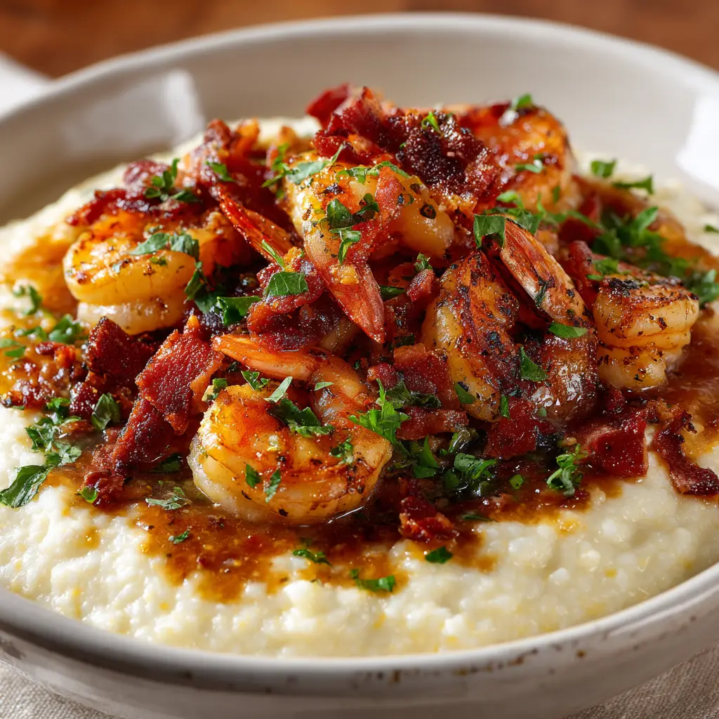 Shrimp and Grits Recipe (The Ultimate Southern Classic) 2 An extreme close-up shot of creamy, cheesy grits topped with perfectly cooked shrimp and a savory sauce.