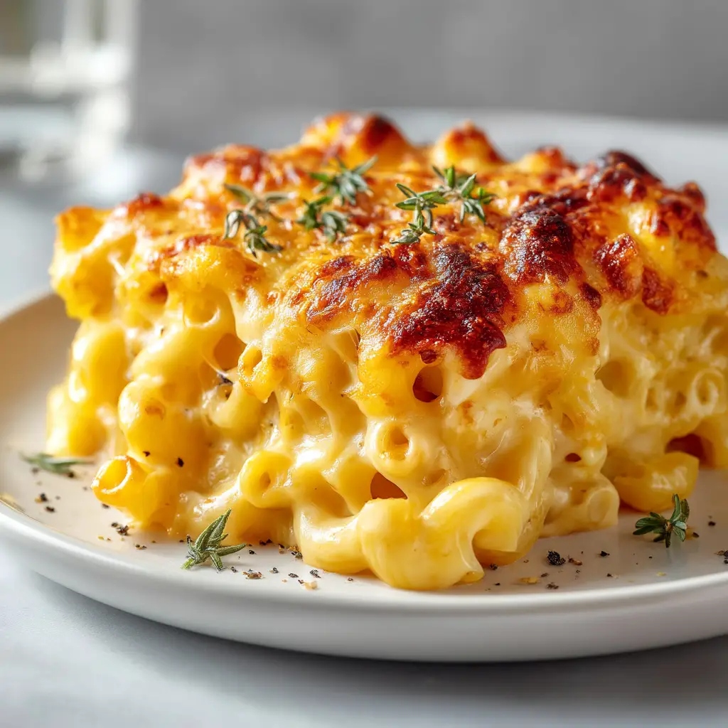 An extreme close-up of the homemade Chick-fil-A mac and cheese, highlighting the creamy cheese sauce coating every noodle.