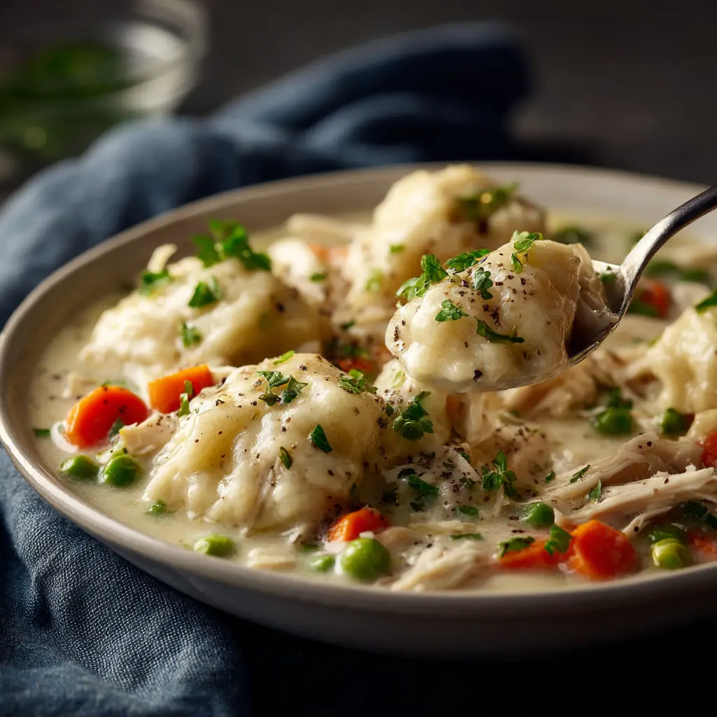 A hearty bowl of creamy chicken and dumplings, ready to be served. The stew is filled with tender chicken, carrots, and celery, topped with large, fluffy dumplings.