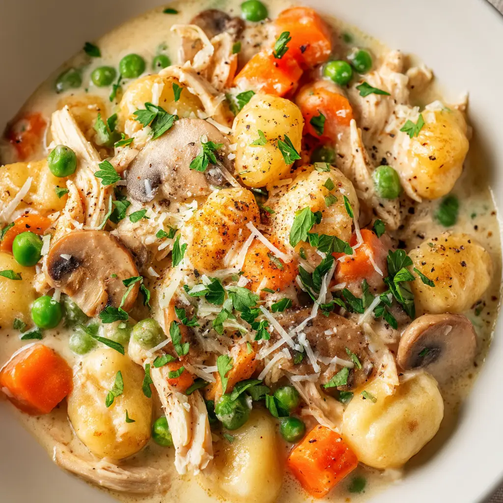 Home 8 A close-up, top-down view of the creamy chicken and vegetable filling for the pot pie before the gnocchi is added.