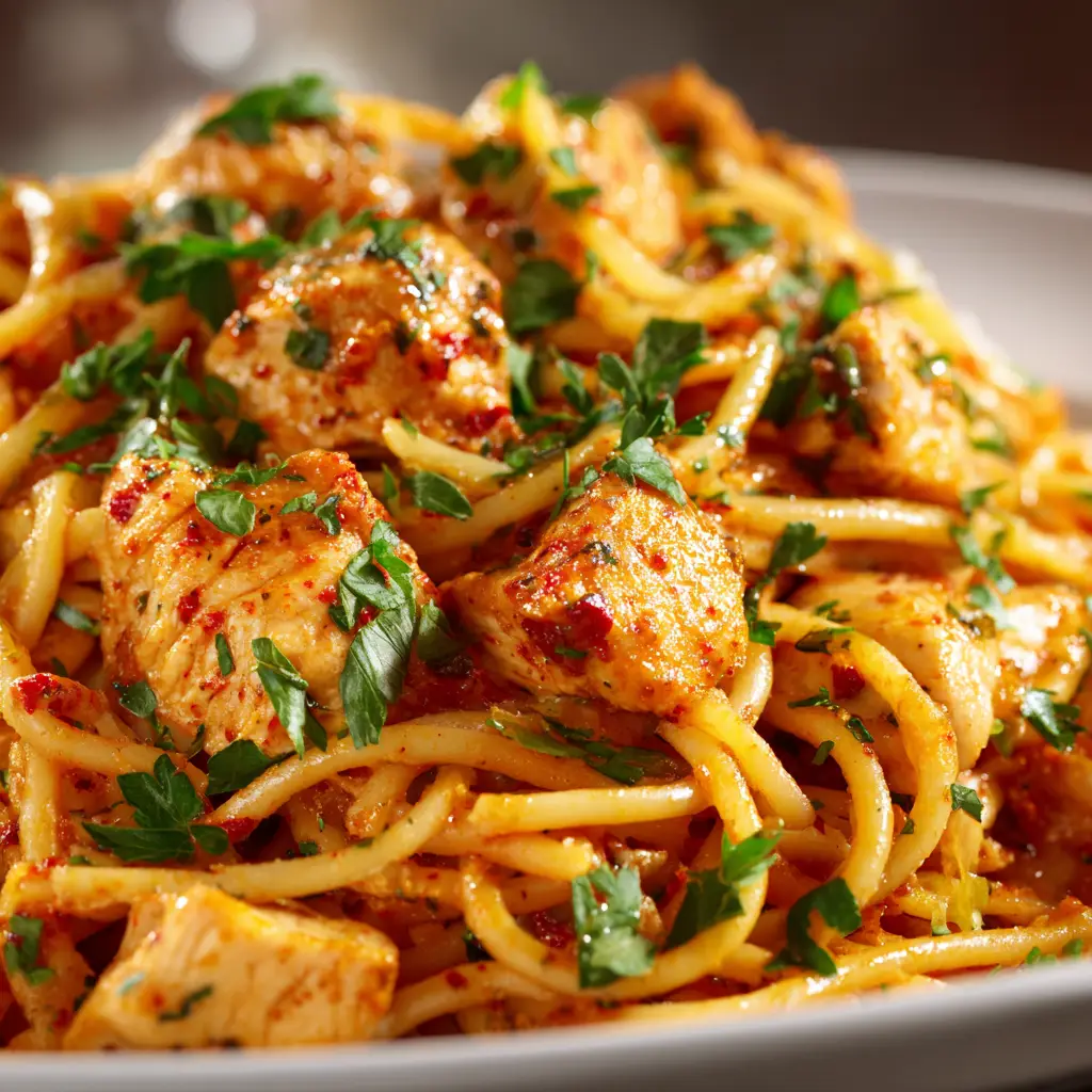 A serving of creamy chicken spaghetti on a white plate, garnished with fresh parsley to showcase the finished dish.