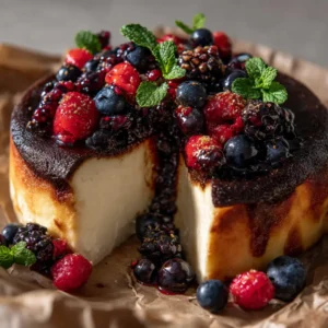 An extreme close-up of a slice of citrus berry basque cheesecake on a plate. The creamy, smooth texture of the cheesecake's interior is clearly visible against the dark, burnt crust.