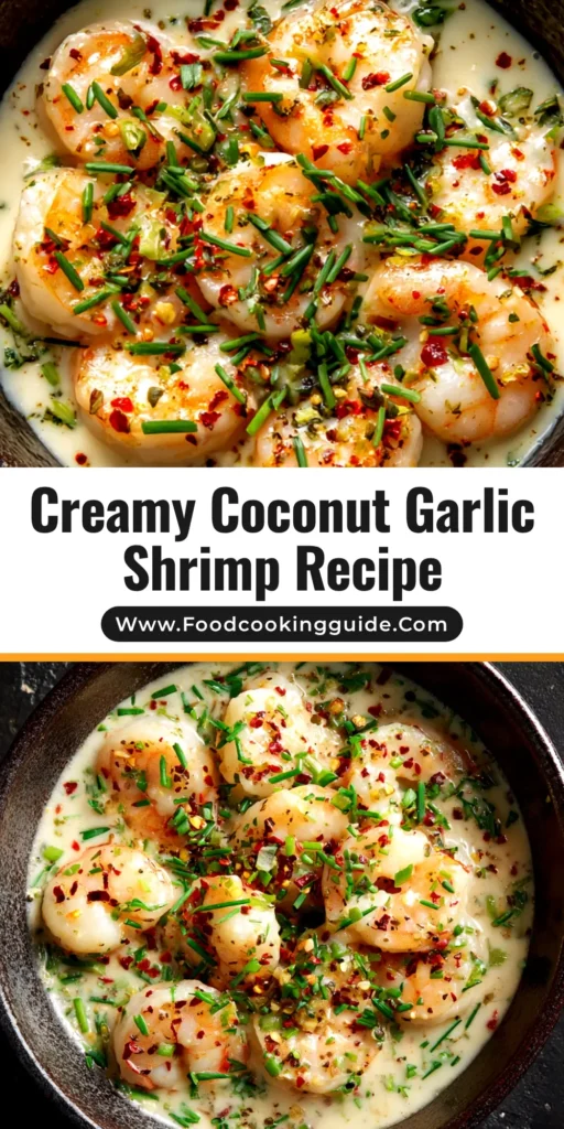 A top-down view of a white bowl filled with creamy Coconut Garlic Shrimp, garnished with fresh parsley and a lime wedge on the side.