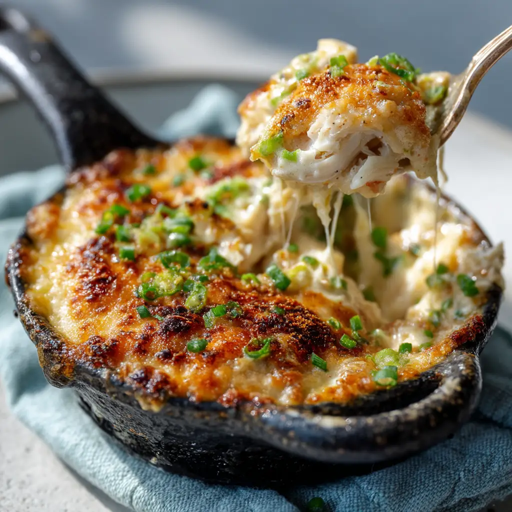 Home 8 A close-up spoonful of creamy crab au gratin, showcasing the large pieces of jumbo lump crab meat in a rich cheese sauce.