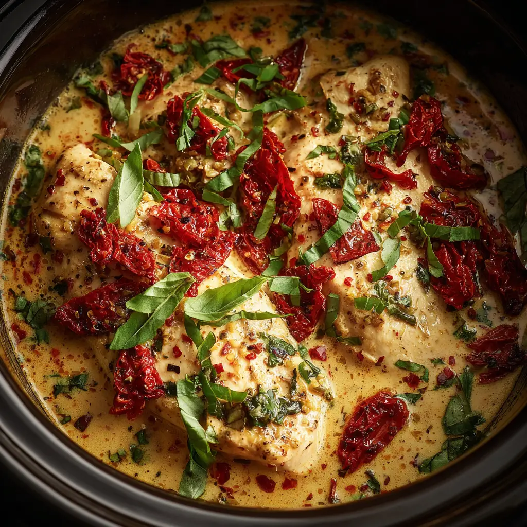 Crockpot Marry Me Chicken: The Ultimate Slow Cooker Recipe 2 An overhead close-up shot of creamy slow cooker Marry Me Chicken in a white bowl, showing the rich sun-dried tomato sauce and wilted spinach.