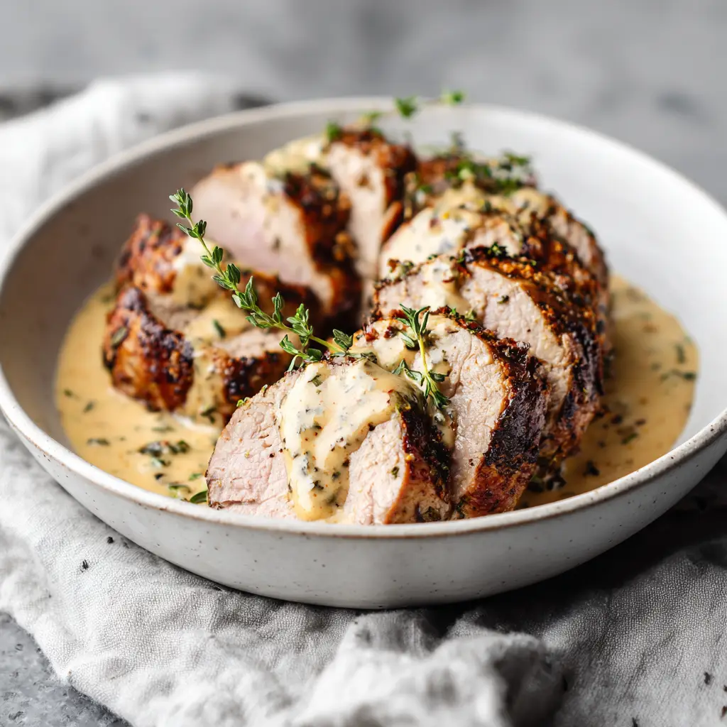 Sliced creamy dijon pork tenderloin on a plate, served with mashed potatoes and green beans, with sauce drizzled over the top.