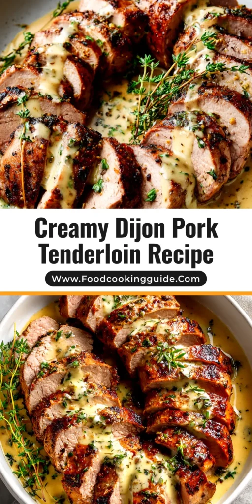 An overhead shot of Creamy Dijon Pork Tenderloin in a black skillet, garnished with fresh parsley. The pork medallions are coated in a rich, creamy sauce.