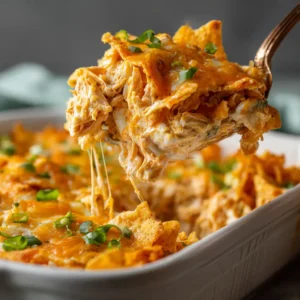 An extreme close-up of a spoonful of creamy Doritos chicken casserole, highlighting the shredded chicken and cheesy sauce.