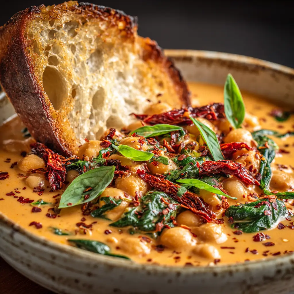 A close-up view of the ingredients for the creamy garlic chickpeas, including canned chickpeas, garlic, and heavy cream.