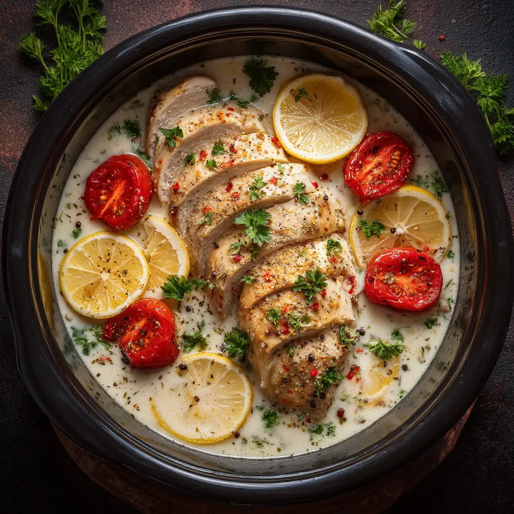Crockpot Creamy Garlic Parmesan Chicken (The Easiest Recipe!) 1 A serving of creamy garlic parmesan chicken being plated over fluffy white rice, highlighting the velvety smooth sauce.