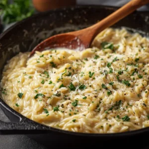 An extreme close-up of creamy parmesan orzo on a fork, highlighting the rich and smooth texture of the garlic cream sauce.
