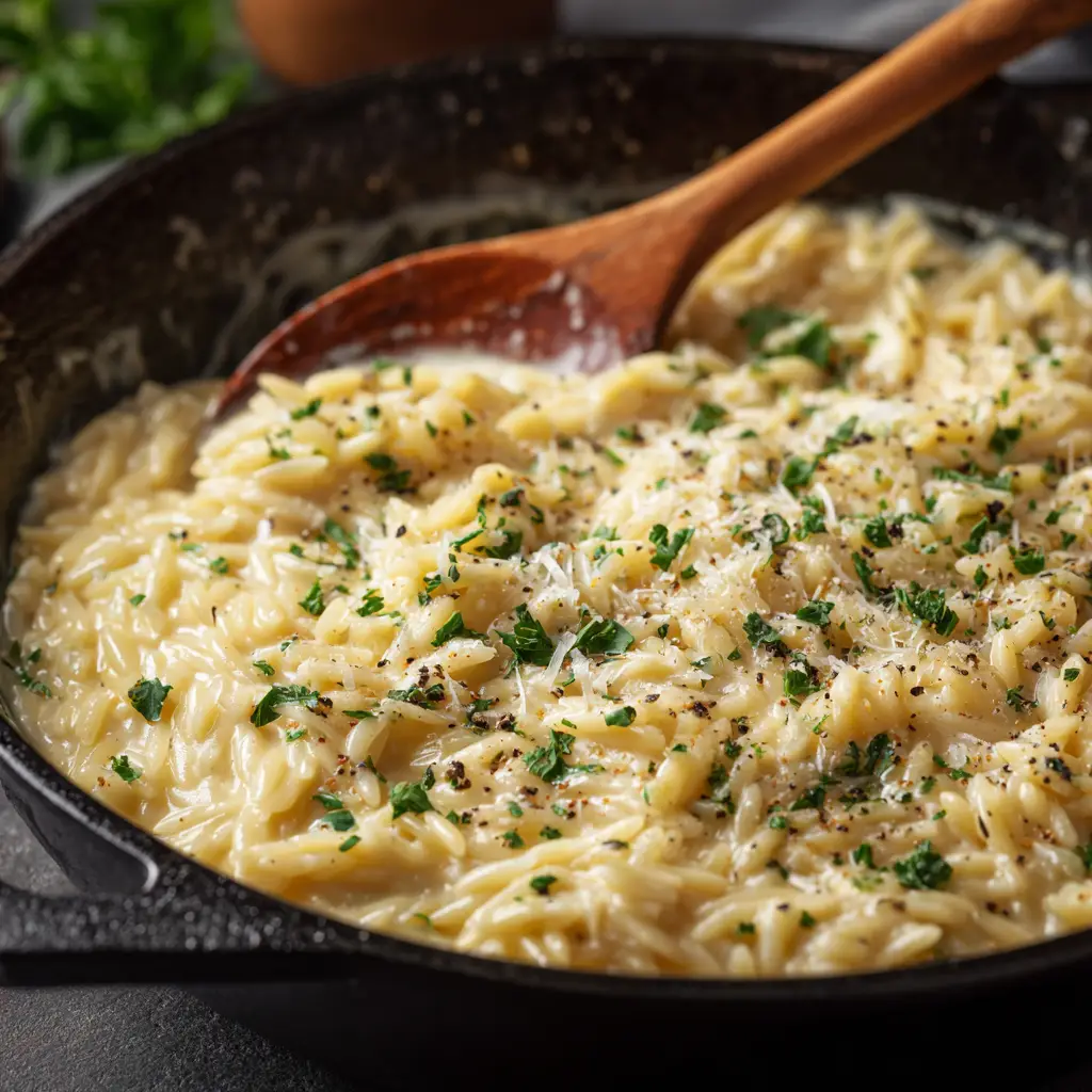 An extreme close-up of creamy parmesan orzo on a fork, highlighting the rich and smooth texture of the garlic cream sauce.