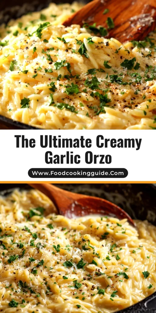 A stunning overhead shot of Creamy Garlic Parmesan Orzo in a white bowl, garnished with fresh parsley. The perfect one-pot pasta dish for an easy weeknight dinner.