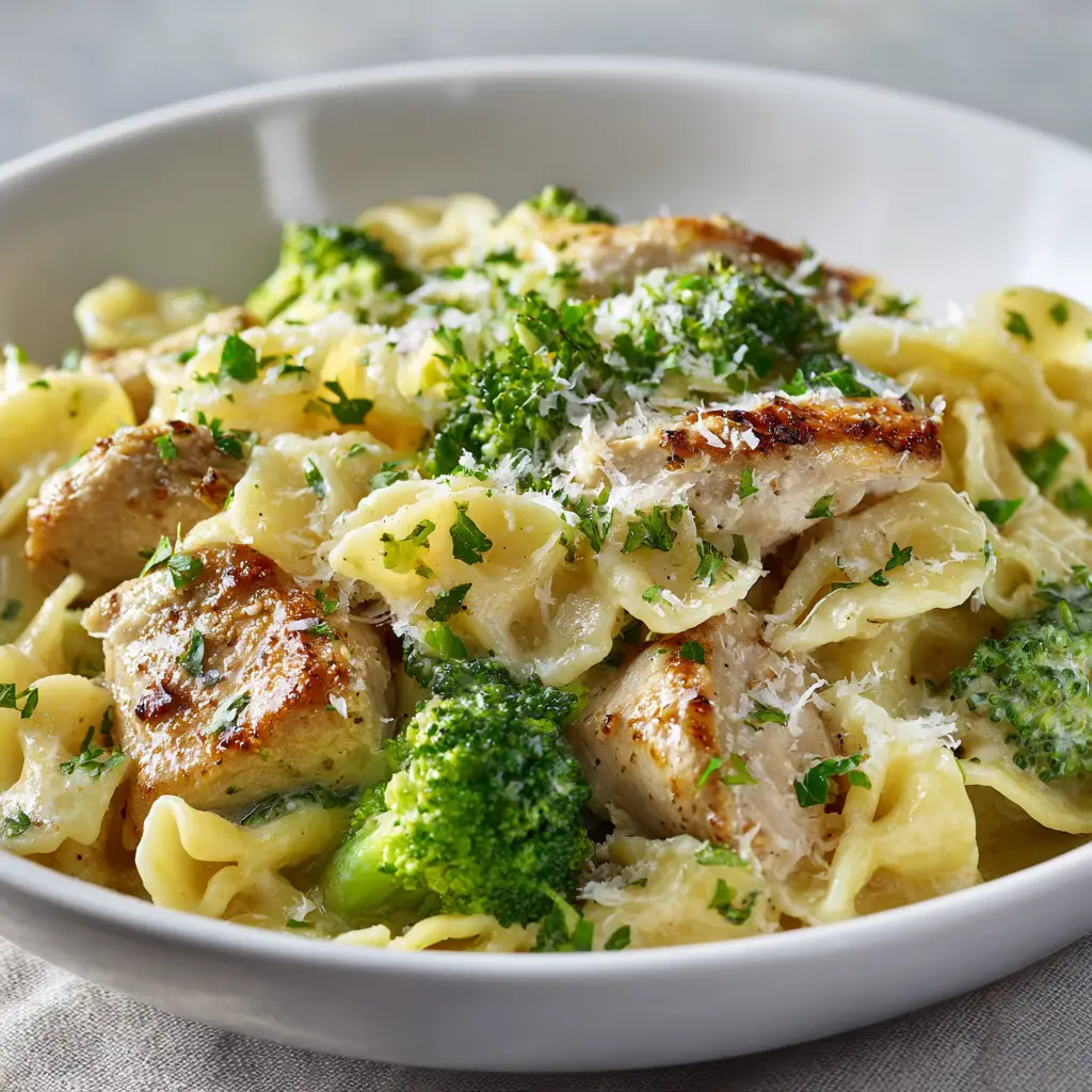 A skillet showing the creamy garlic sauce for the chicken broccoli pasta being prepared. The sauce is simmering with garlic and herbs.