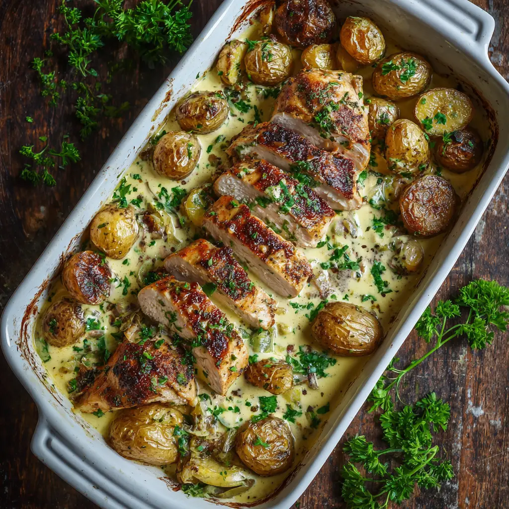 Creamy Herb Chicken (Ready in 30 Minutes!) 2 A close-up overhead shot of Creamy Herb Chicken simmering in a pan, showcasing the texture of the garlic herb sauce.