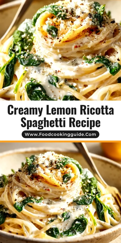 A close-up shot of a white bowl filled with creamy Lemon Ricotta Spaghetti, garnished with fresh basil leaves and a lemon wedge on the side.