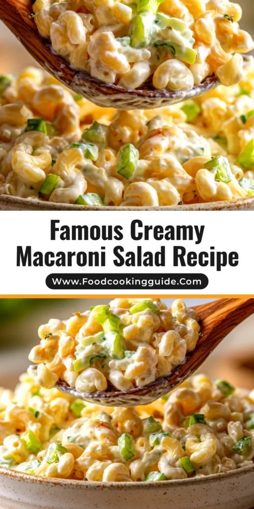 A large white bowl filled with a creamy macaroni salad recipe, garnished with fresh parsley. The perfect side dish for a potluck.