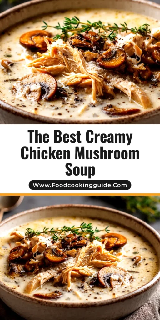 A vertical pin image showing a bowl of creamy mushroom chicken soup, garnished with fresh herbs, with text overlay reading 'Easy Creamy Mushroom Chicken Soup Recipe'.