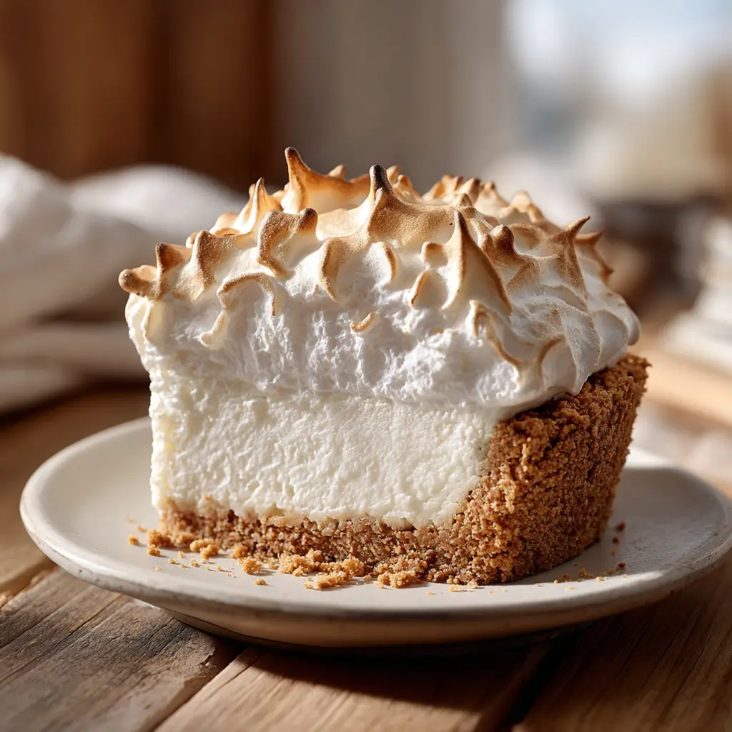 A perfect slice of creamy no-bake marshmallow cheesecake being lifted from the whole cheesecake, showing the smooth, velvety filling.