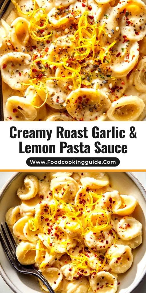 A large white bowl filled with orecchiette pasta coated in a creamy roast garlic and lemon pasta sauce, garnished with fresh parsley and lemon zest.