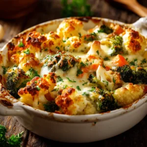 A close-up shot of the root vegetable bake, highlighting the creamy sauce and perfectly roasted carrots, broccoli, and cauliflower.