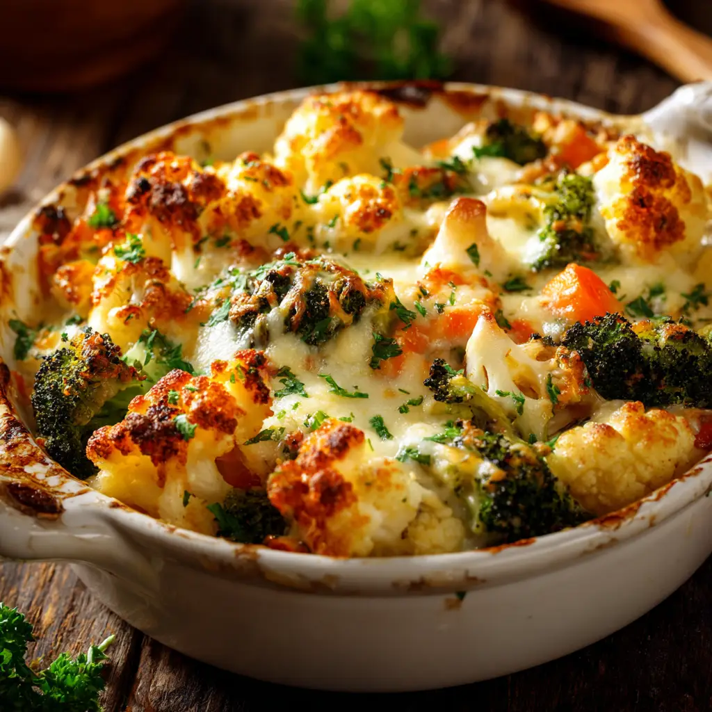 A close-up shot of the root vegetable bake, highlighting the creamy sauce and perfectly roasted carrots, broccoli, and cauliflower.