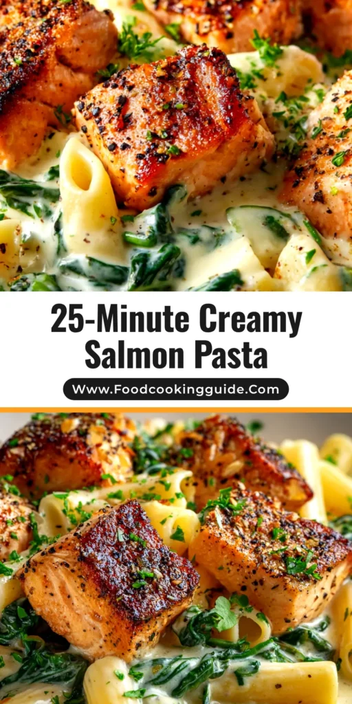 A stunning overhead shot of Creamy Salmon Spinach Pasta in a white bowl, ready to be shared on Pinterest. The pasta is coated in a rich cream sauce with flakes of pink salmon and wilted green spinach.