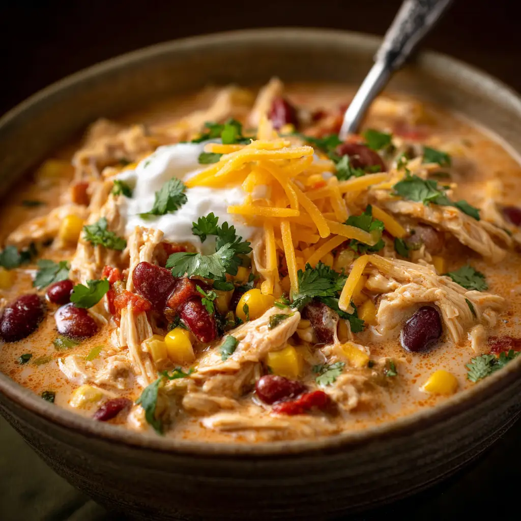 An extreme close-up shot of creamy white chicken chili in a bowl, showing tender shredded chicken and corn.