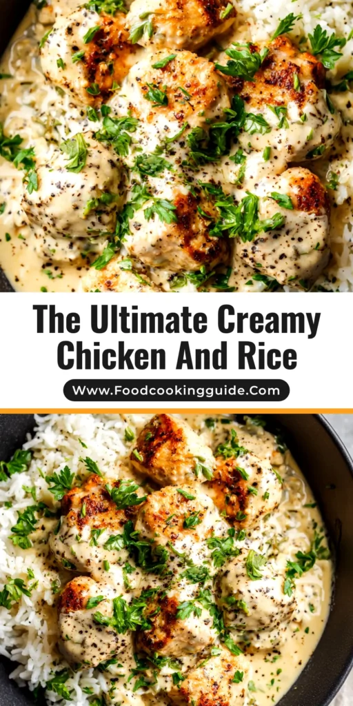 A skillet of Creamy Smothered Chicken and Rice, with golden-brown chicken breasts resting on top of fluffy rice in a rich cream sauce, garnished with fresh parsley.