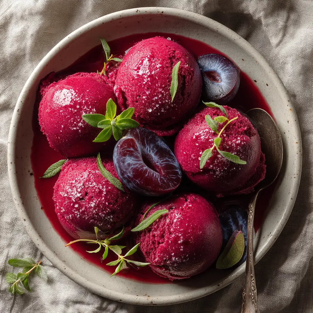 A close-up of a single perfect scoop of spiced plum sorbet in a bowl, ready to be eaten. The texture looks creamy and delicious.