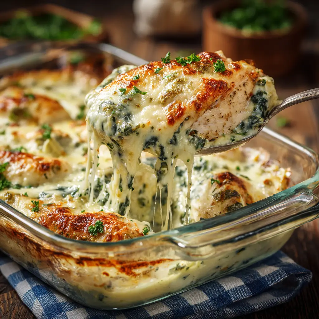 A close-up view of the creamy spinach artichoke chicken bake being served from a skillet, showing the tender chicken and rich, cheesy sauce.