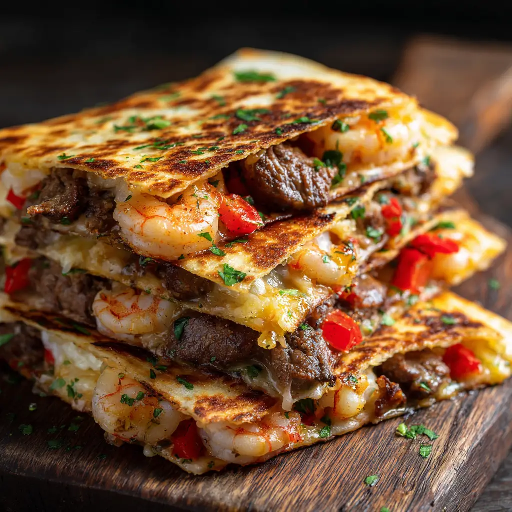 The key ingredients for Creole Steak and Shrimp Quesadillas, including raw steak, shrimp, bell peppers, onions, and Creole seasoning, arranged on a cutting board.