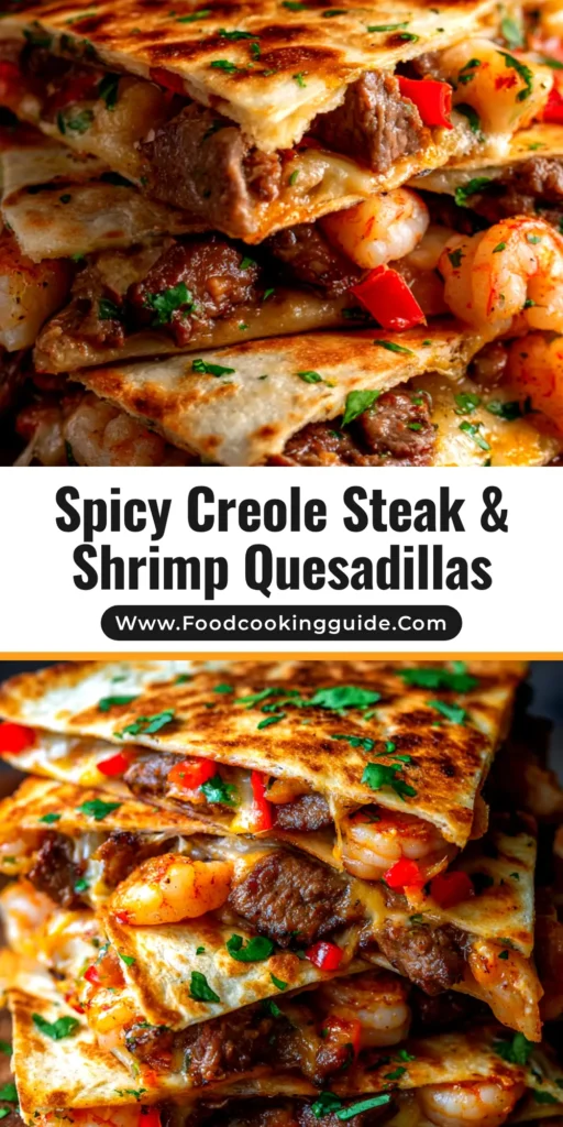 A stack of freshly made Creole Steak and Shrimp Quesadillas, cut into wedges to show the cheesy, flavorful filling of steak, shrimp, and peppers.