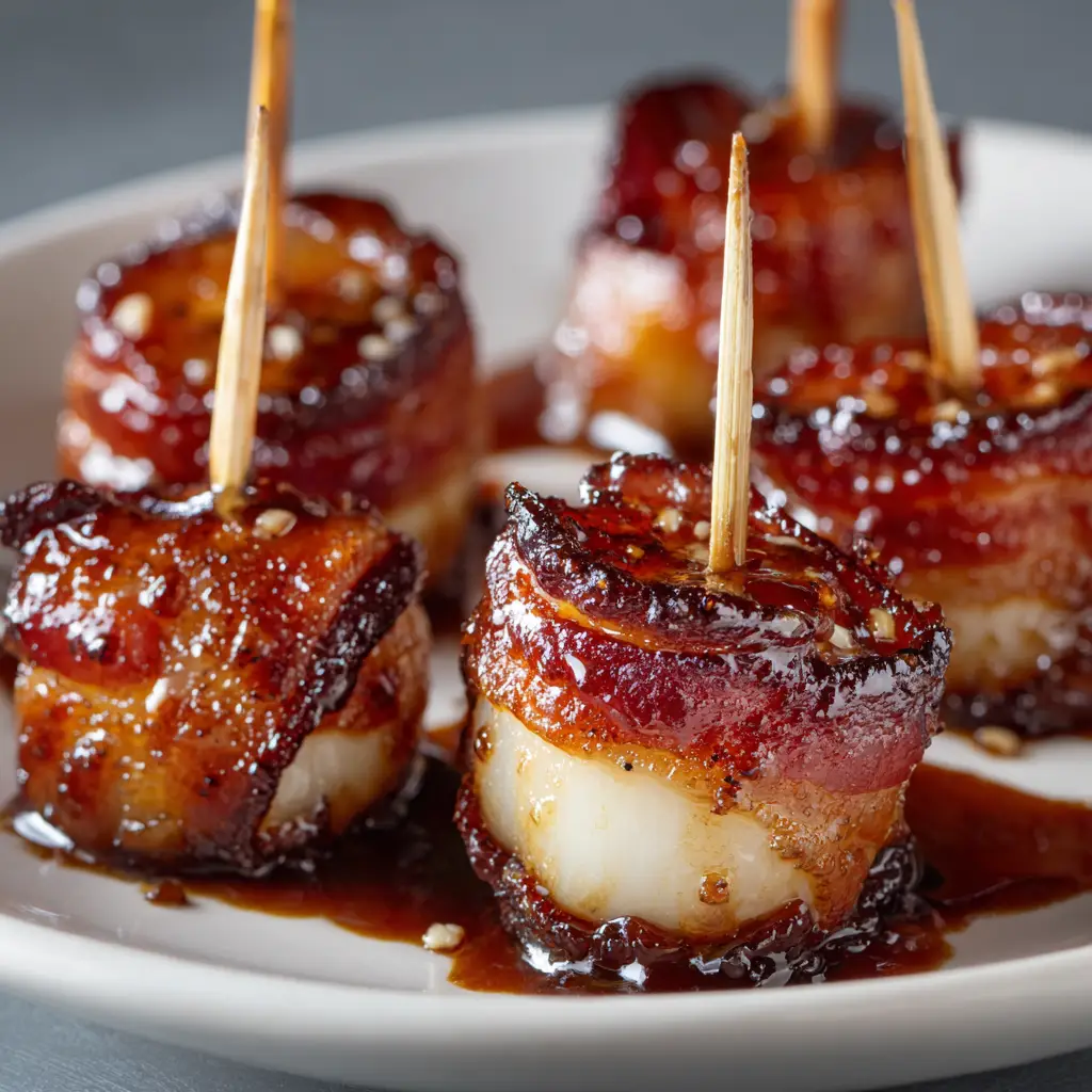 Bacon Wrapped Water Chestnuts (The Perfect Party Appetizer) 2 A close-up view of a single bacon wrapped water chestnut, highlighting the crispy texture of the bacon and the shiny glaze.